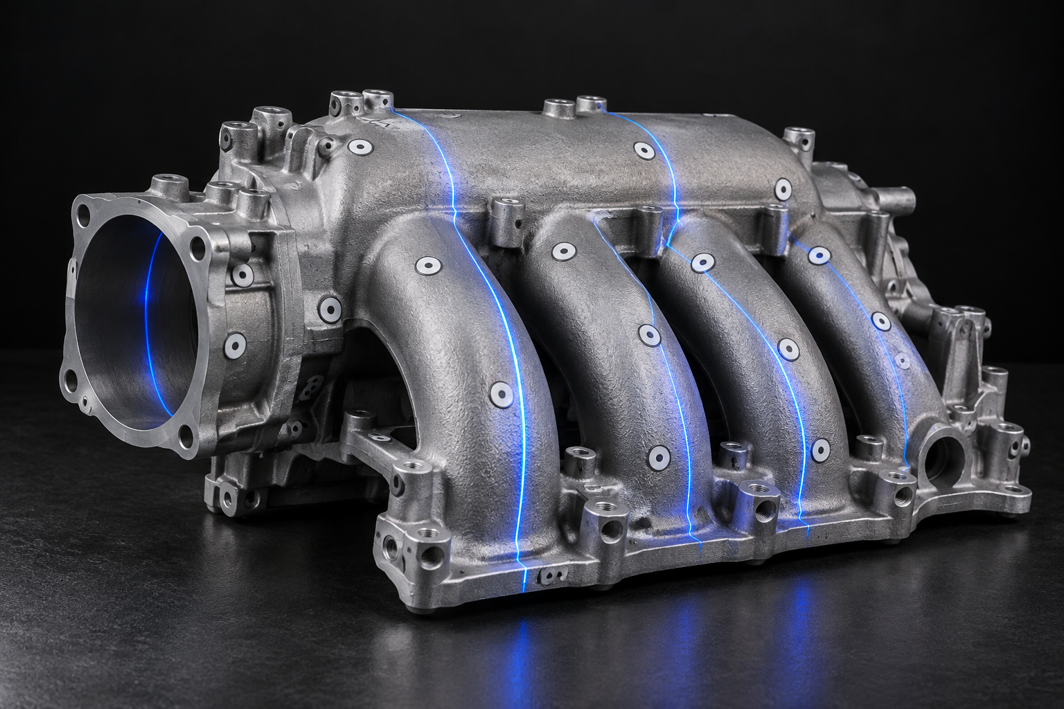 Illustration of an automotive metal part with circular scanning targets and blue laser lines